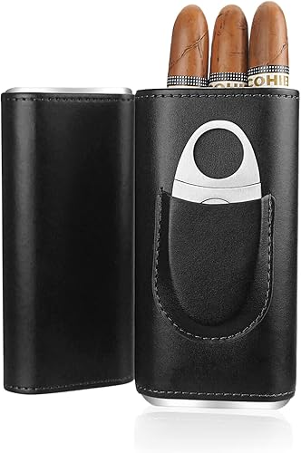Miniatura 9 de cgaplus Caso de cigarros de cuero de 3 dedos con cortador de madera de cedro forrado humidor de cigarros portátil de viaje (marrón)