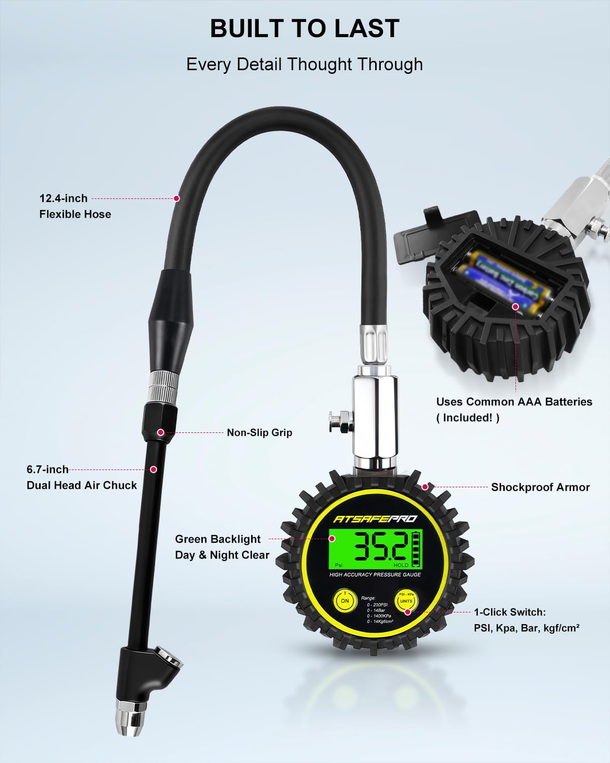 ATsafepro Digital Tire Pressure Gauge - Backlit Display, 200 PSI Accurate Tire Gauge - Hold Function, Long Hose, Dual Head Air Chuck, 4 Units, Bleed Valve, AAA Battery, for Car Truck RV