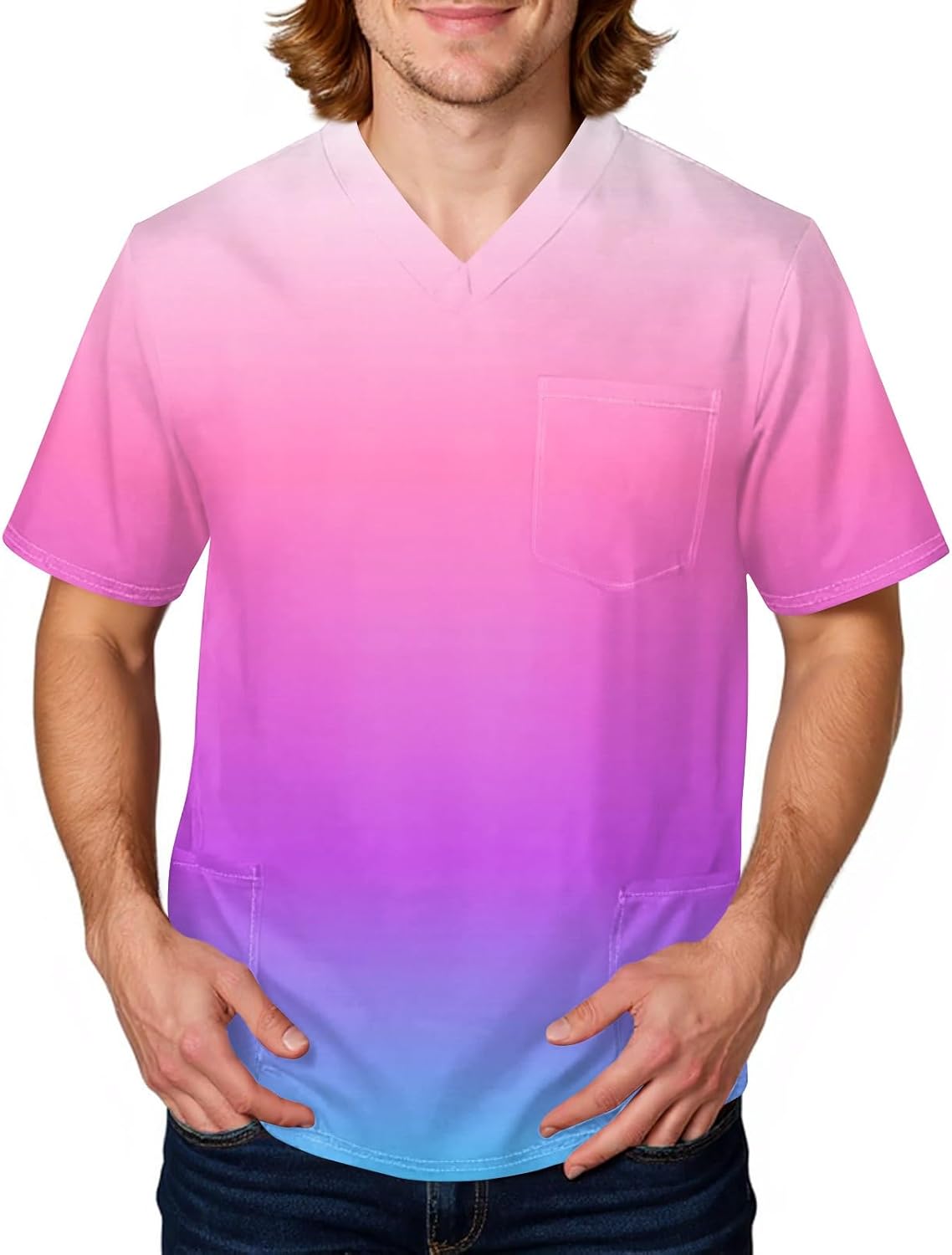 RTRDE Men's Short Sleeve Gradient Color Print V-Neck Work Scrub Top with Pockets, S-5XL