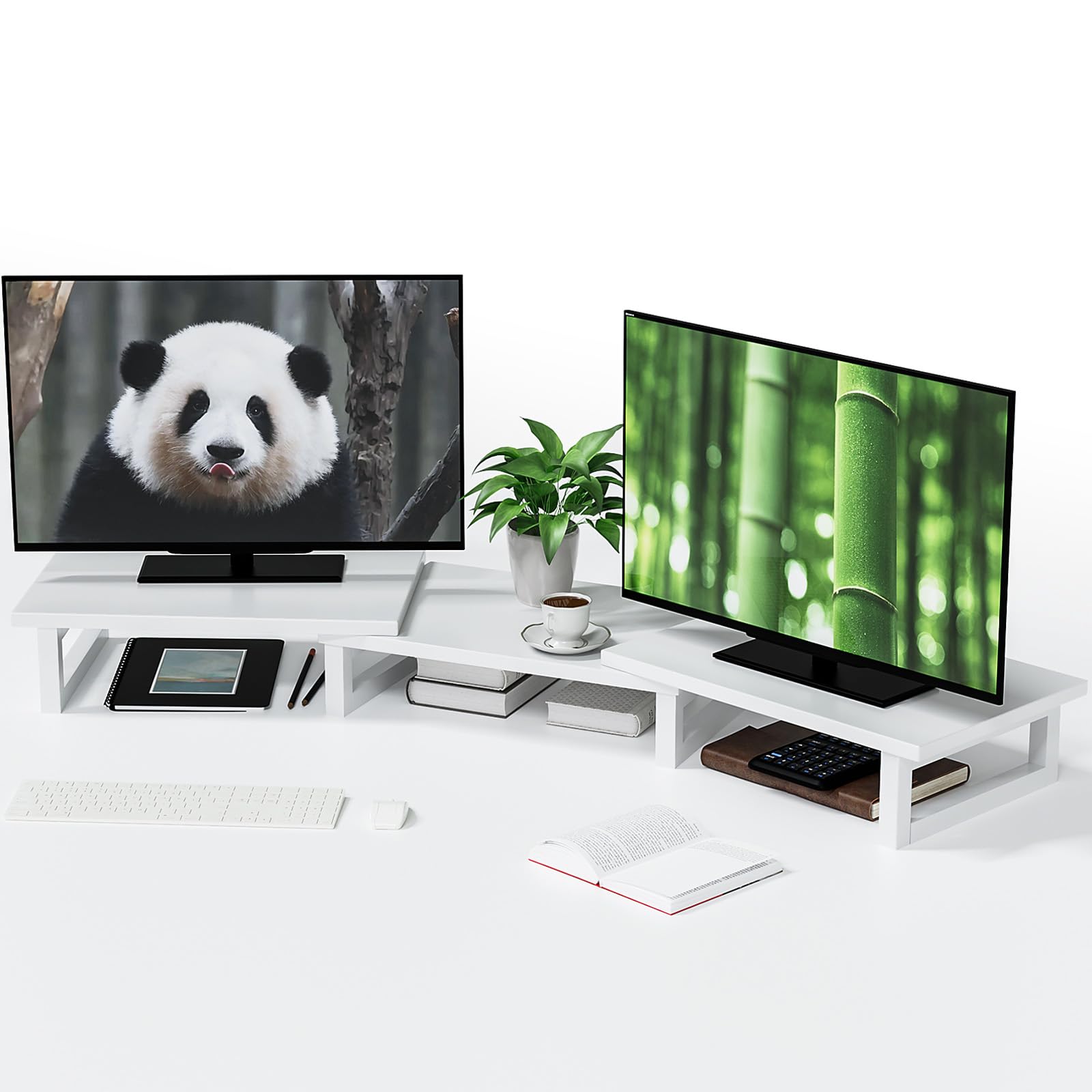 POXAKA Dual Monitor Stand Riser, Bamboo Desk Risers for 2 Monitors, Adjustable Length and Swivel Angle, 30" Large Desktop Storage Organizer Shelf for PC, Computer, Laptop,TV, Printer- White