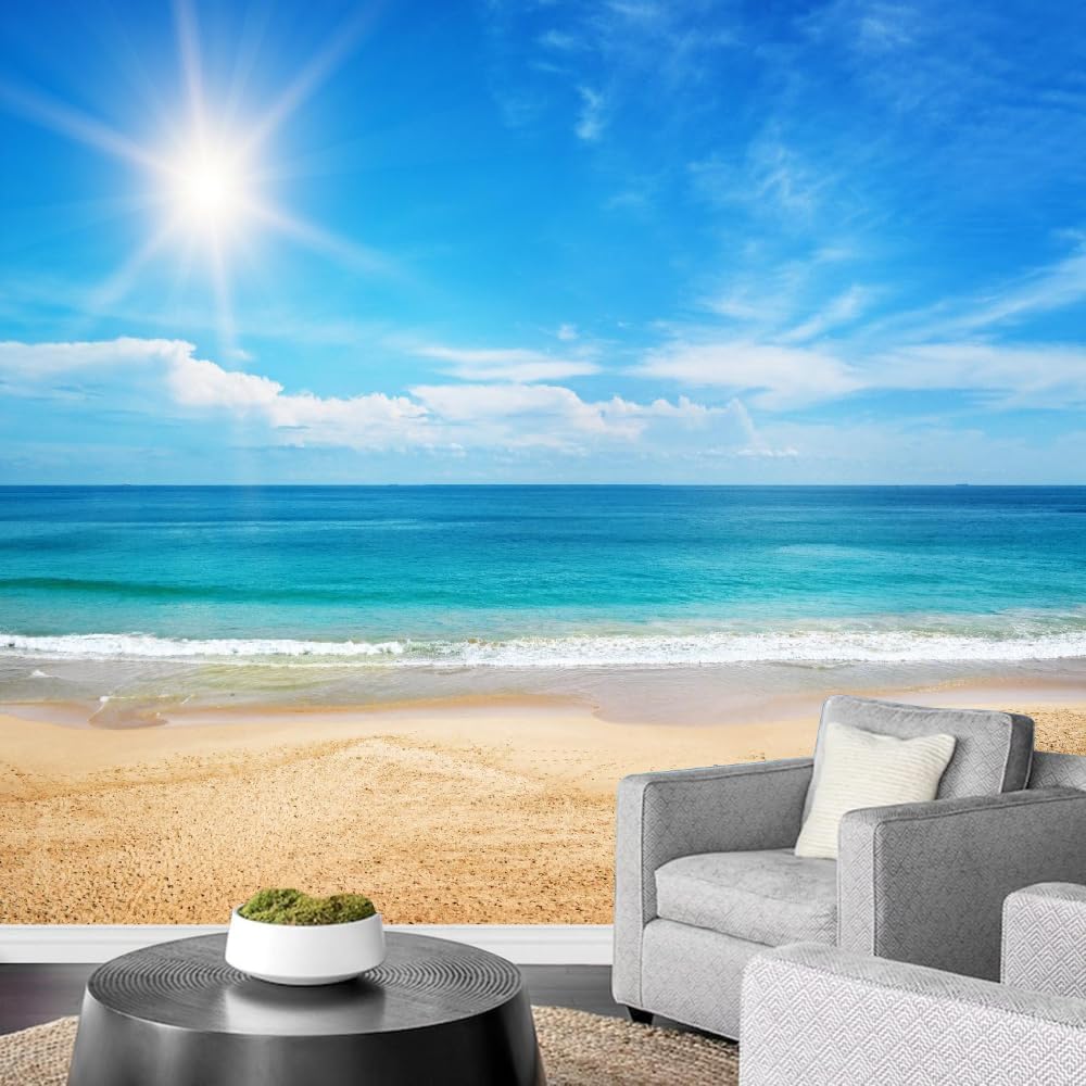 Beach Sunshine Wall Sticker for Bedroom, The Vast Ocean 3D Large Wall Mural, Removable Peel and Stick Self-Adhesive Wall Decal for Boys Girls Living Room Office Decor 48" W x 36" H