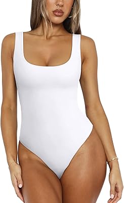 REORIA Women's Sexy Scoop Neck Sleeveless Bodysuit Backless Double Lined Tank Tops
