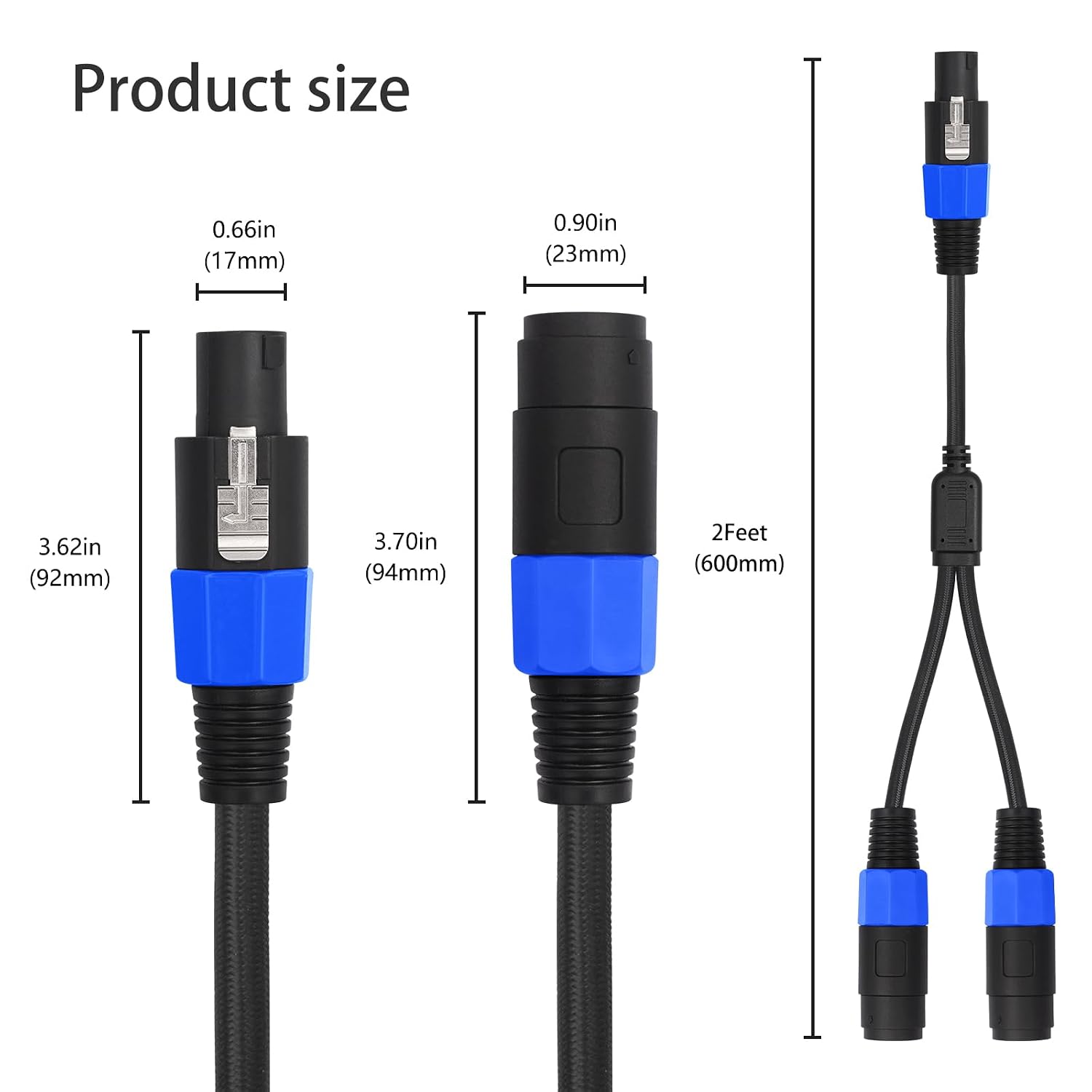 2FT Speakon Y Splitter Cable, NL4FC Male to Dual Female,Speak 1 Male to 2 femaleBreak Out for Speaker Cable, 2 Pack (1-Male to 2-Female)