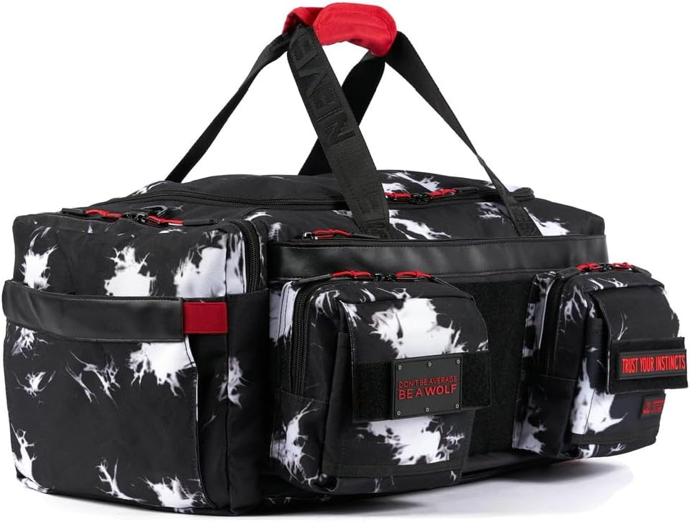 WOLFpakUltimate 40L Gym & Travel Duffle Bag | Heavy-Duty Gear Bag w/Durable Waterproof 1000D Oxford Material | Hard Shell Base, Laptop Sleeve, Custom Patch Options | (Black Lightning Immortal Red)