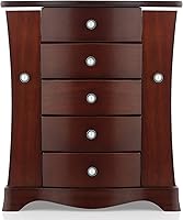 RR Round Rich Design Solid Wood Tower Jewelry Box - 4 Drawers, Necklace Doors, Large Mirror, Brown Organizer