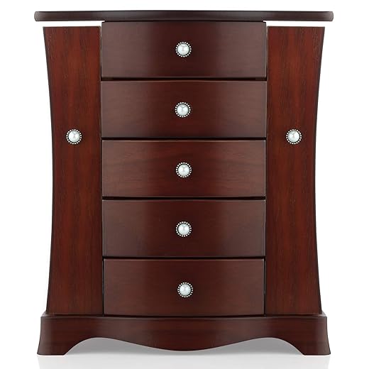 RR ROUND RICH DESIGN Jewelry Box - Made of Solid Wood with Tower Style 4 Drawers Organizer and 2 Separated Open Doors on 2 Sides and Large Mirror Brown