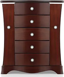 RR ROUND RICH DESIGN Jewelry Box - Made of Solid Wood with Tower Style 4 Drawers Organizer and 2 Separated Open Doors on 2 Sides and Large Mirror Brown