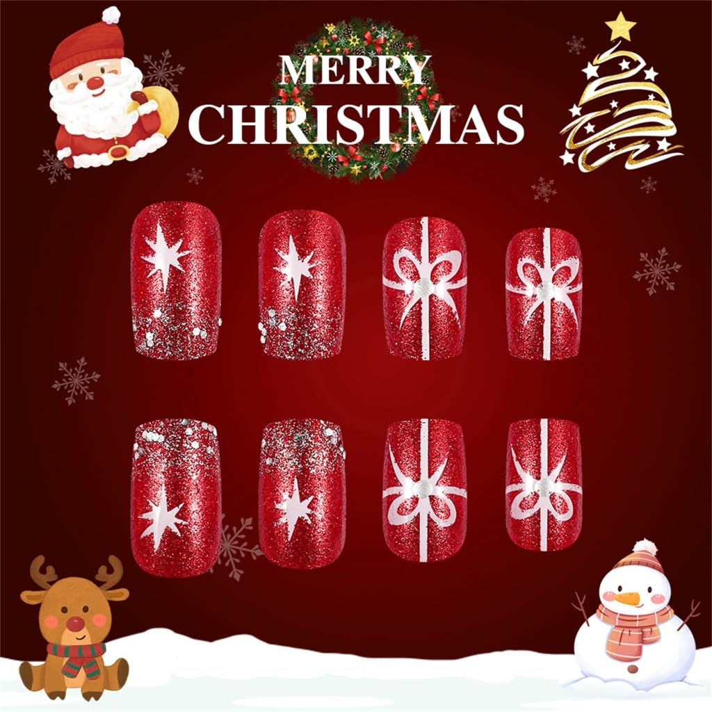 24PCS Short Square Christmas With Glitters Silver Tree Snowflake Designs Stick on Nails For Women