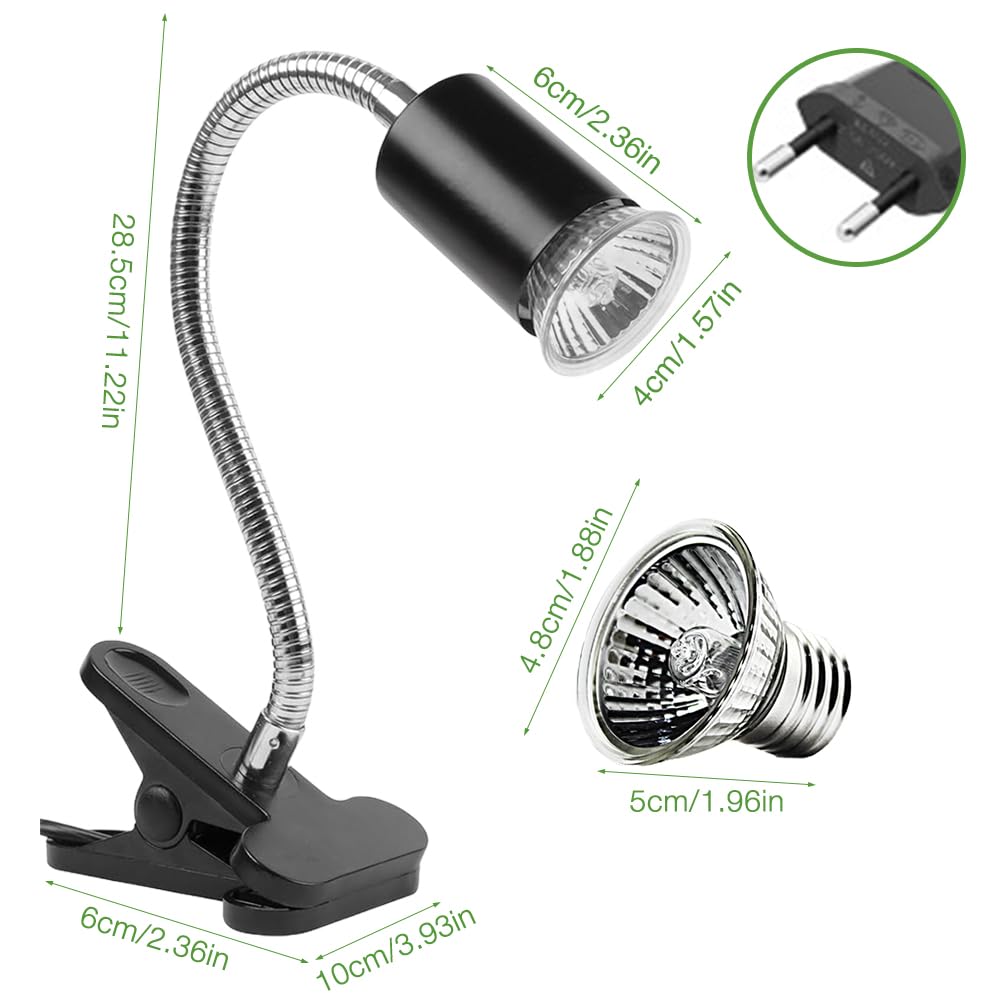 Lámpara para Tortuga, Lámpara de Calor de Reptil, Luz Caliente para Tortugas con Clip con Interruptor de temporizador y 2 lampadine da 25W 50W para Reptiles y Anfibios