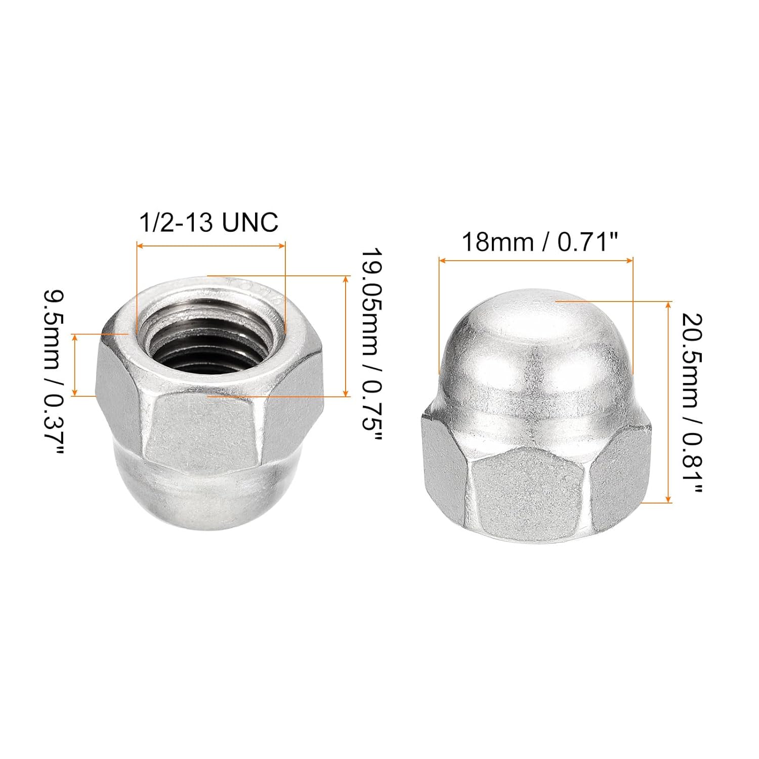 uxcell 25pcs 1/2-13 Acorn Cap Nuts, Stainless Steel, Silver