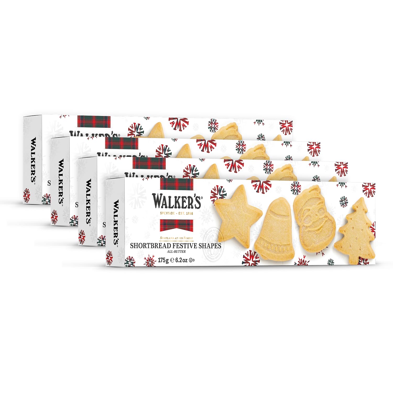 Walker's Shortbread Assorted Festive Shaped Cookies, Pure Butter Shortbread Cookies, 6.2 Oz (Pack of 4)