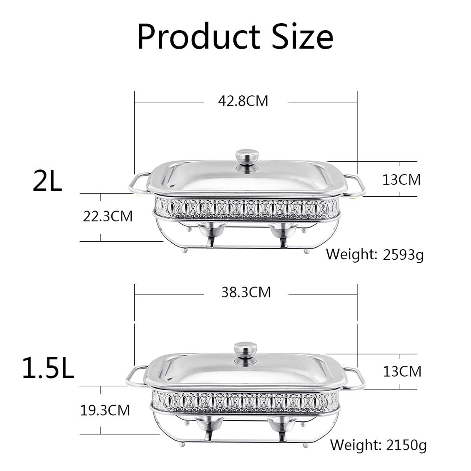 Scaldavivande Chafing Dish, set di scaldavivande rettangolari in acciaio inox, con coperchio in acciaio inox e vassoio riscaldante in vetro per forno, per buffet, catering, cucina, feste, argento, 2