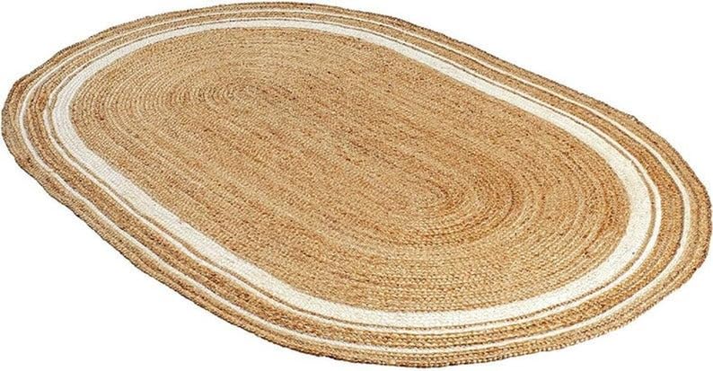 Ripaz Vogue Tapis Ovale en Jute Naturelle tressé à la Main pour décoration d'intérieur, Salon, Couloir, Beige avec Ligne Blanche, 60 x 120 cm
