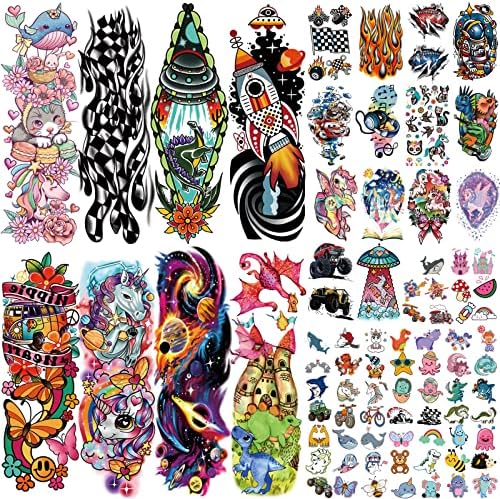 52 Sheets Kids Full Arm Temporary Tattoo, Fake Arm Tattoos Planet Astronaut Spaceship Rocket Dolphin Car Dinosaur Tattoo for Boy, Unicorn Castle Bunny Butterfly Cat Long lasting Tiny Tattoos for Girl