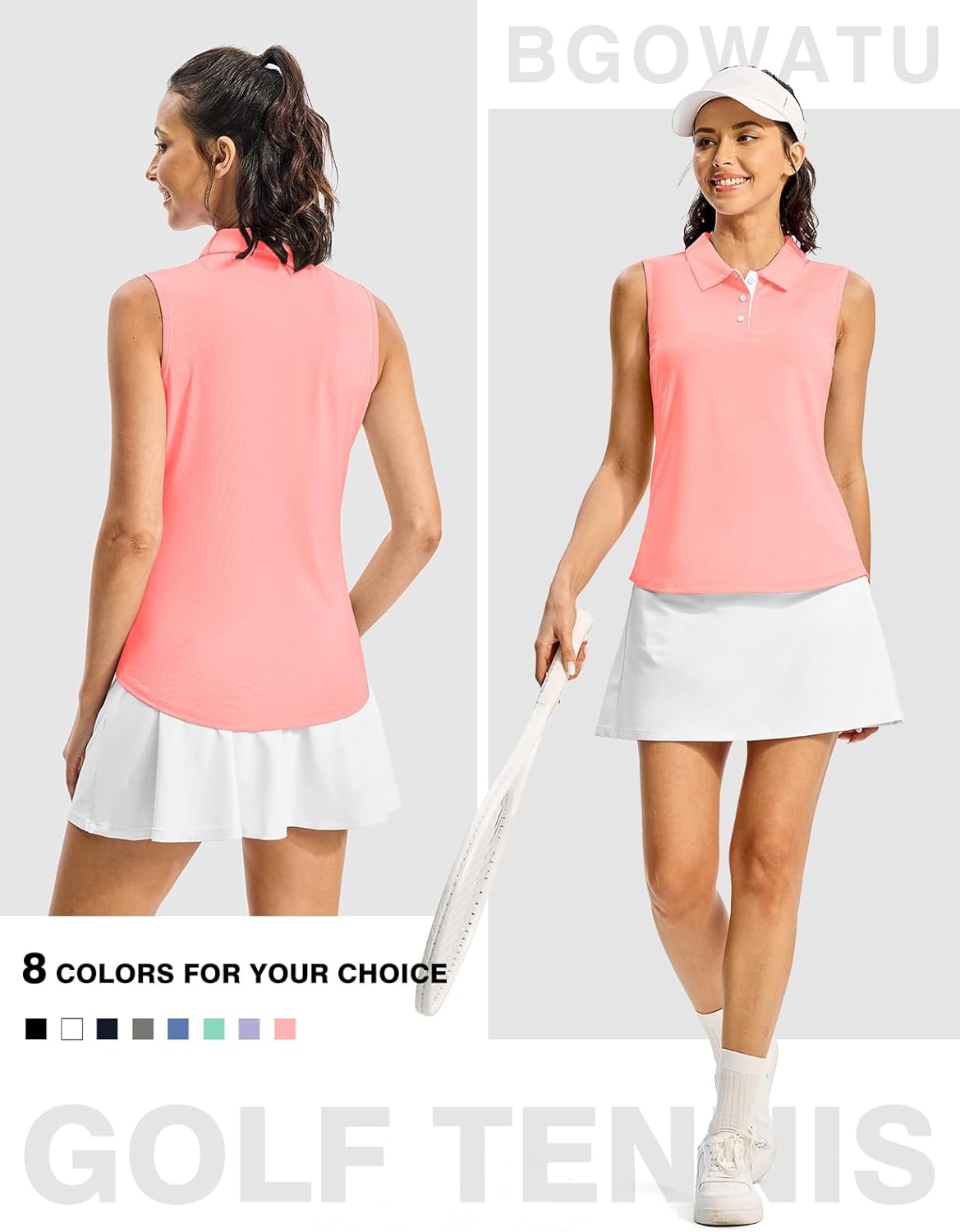 BGOWATU Women's Golf Shirts Sleeveless Polo Shirts Collared 3 Buttons Tennis Tank Tops UV Protection Quick Dry - Image 5
