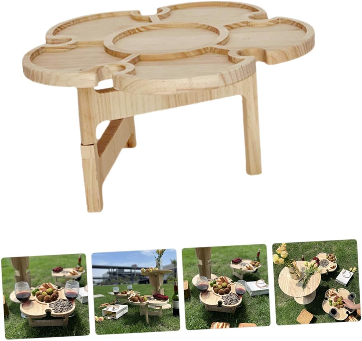 Portable Folding Wine Picnic Table Outdoor Wooden Beverage Rack 35cm Diameter Compact Beach Camping Table for Patio and Barbecue