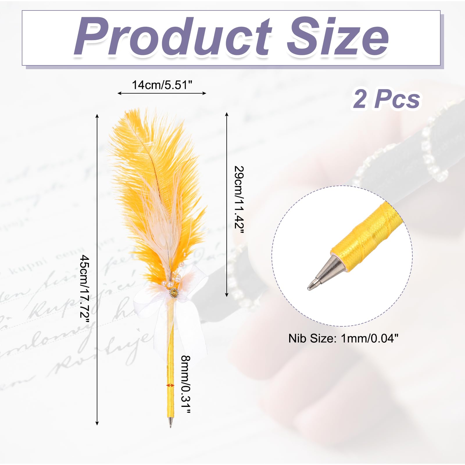 PATIKIL Feather Pen, 2Pcs Ostrich Vintage Feather Quill Pen 1mm Black Ink Signature Ballpoint Pens Fluffy Pearl Ribbon Design for Wedding Bridal Party Signing Writing, Gold Tone - Image 2