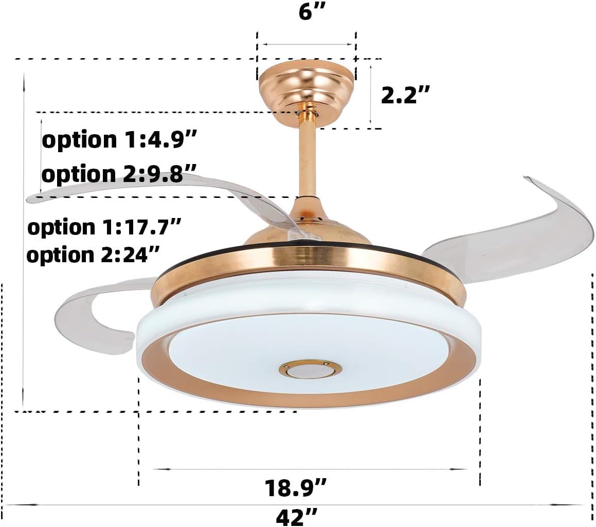 Popular JVUJVCI Retractable Ceiling Fan with Light and Bluetooth Speaker, LED Bluetooth Ceiling Fan with Light 7 Color Lighting Modern 42 Inch