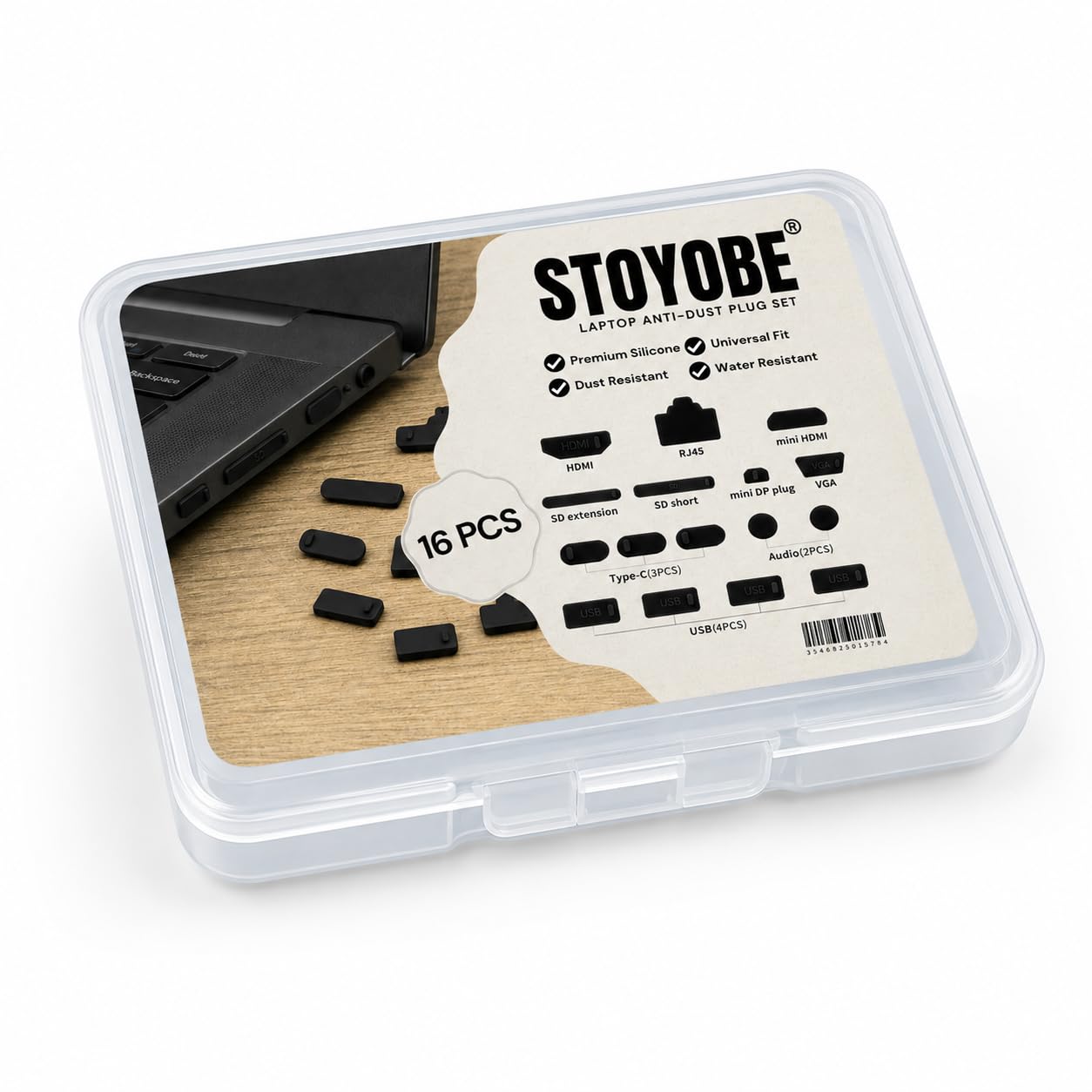 Stoyobe® 16-Pack Universal Laptop Anti-Dust Plugs, Silicone Port Covers for Lenovo/HP/Dell/Acer/Asus, Dust Proof Protector for USB-C, HDMI, USB, Ethernet, SD Card Slots (Black)