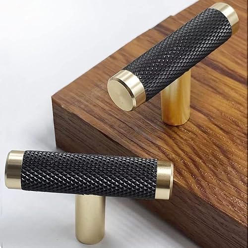 Paquete de 10 pomos en T de gabinete de 2 pulgadas para tiradores de cajón, acabado de oxidación dorado y negro con patrón de diamante