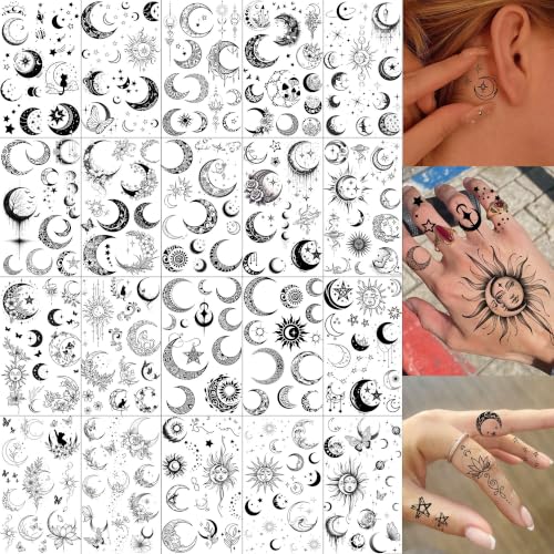 Image of Bilizar 20 Sheets Chic Crescent Moon Temporary Tattoos For Women Adults Finger Hand Neck Ear Tattoo Sticker, Realistic Black Floral Crescent Pendant Fake Jewelry Tattoos Long Lasting Waterproof Tatoos