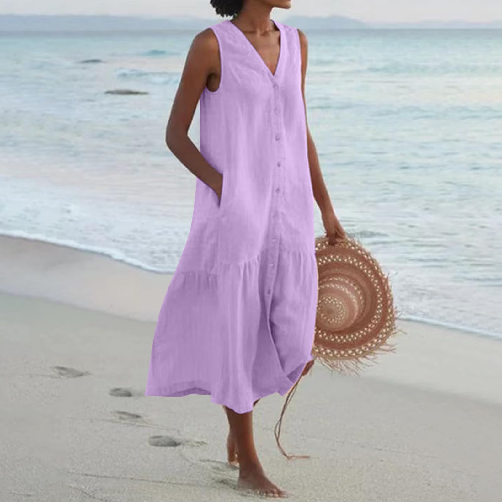 Spring Summer Sleeveless Cotton Linen Dress Summer Dresses for Women Sleeveless Pockets Vacation Maxi Dresses