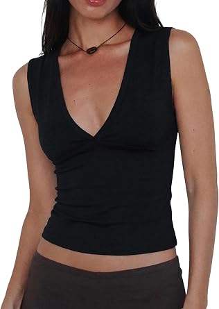 Women Deep V Neck Tops Sexy Sleeveless Crop Top Stretchy Trendy Going Out Tank Top Cute Summer Clothes