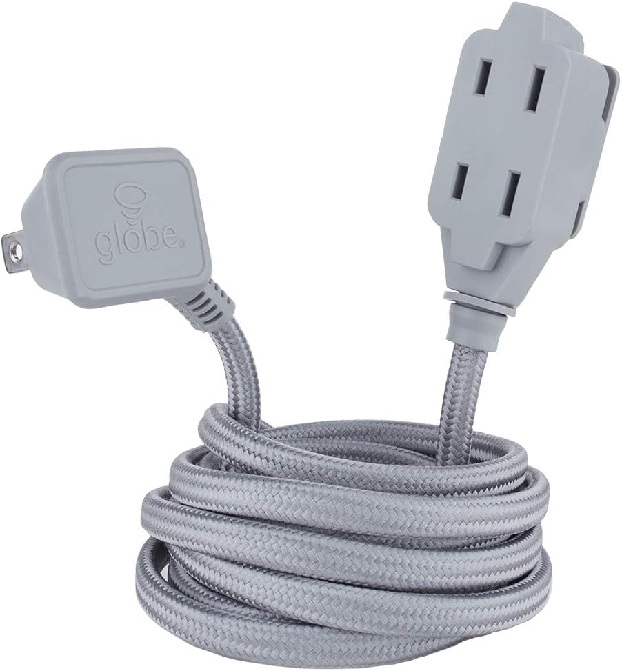 Globe Electric Globe Electric Designer Series 9-ft Fabric Extension Cord, 3 Polarized Outlets, Right Angle Plug, 125 Volts, Metallic Gray 22890
