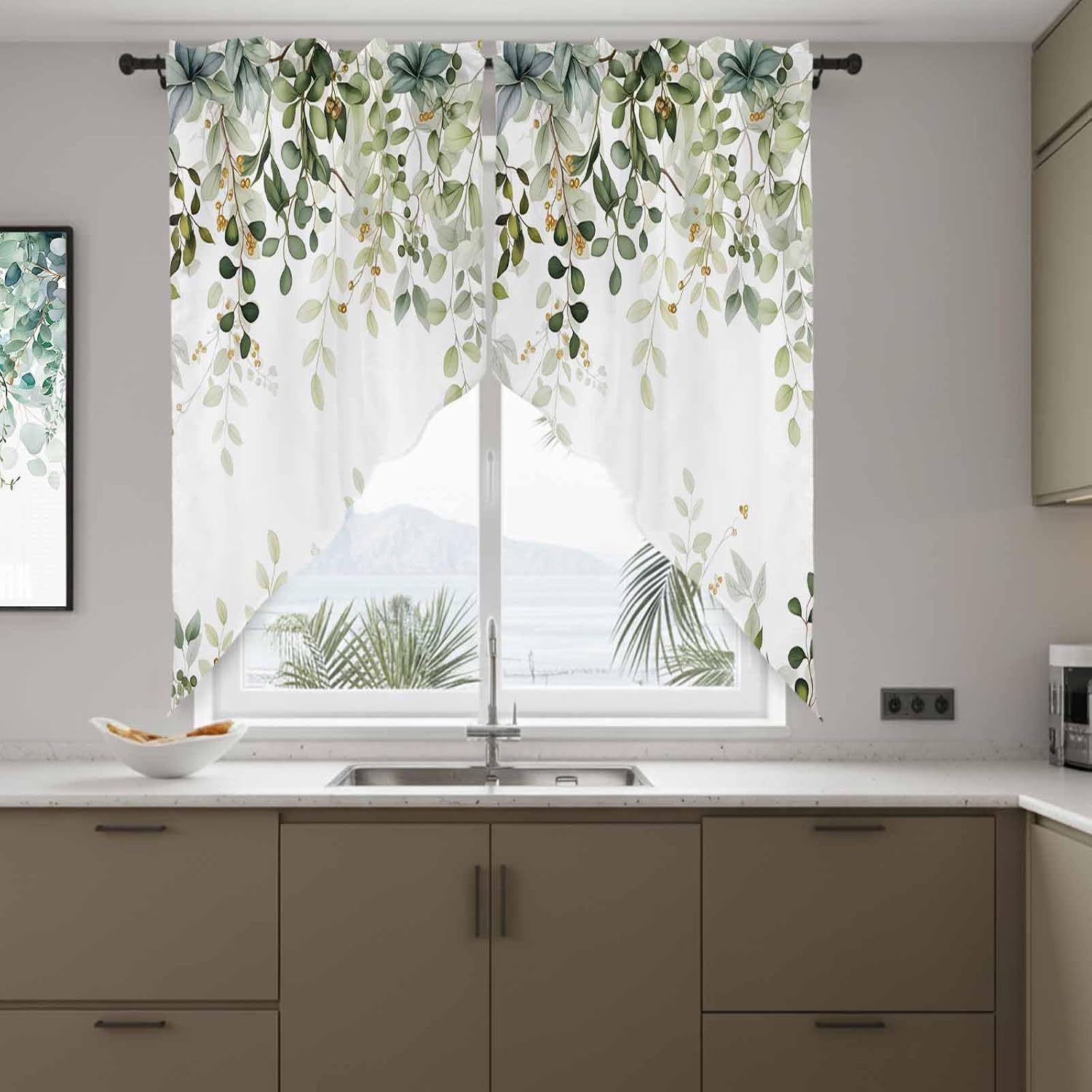 Sage Green Eucalyptus Leaves Swag Valance Curtains for Windows, Summer Botanical Light Filtering Kitchen Curtains, Weeping Pastoral Window Treatment Valances for Living Room, 28x36-2 PCS