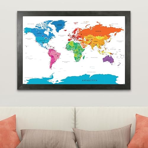 Vista 100 de Lienzo - Mapa de viaje personalizado con diseño colorido del mundo con marco negro rústico