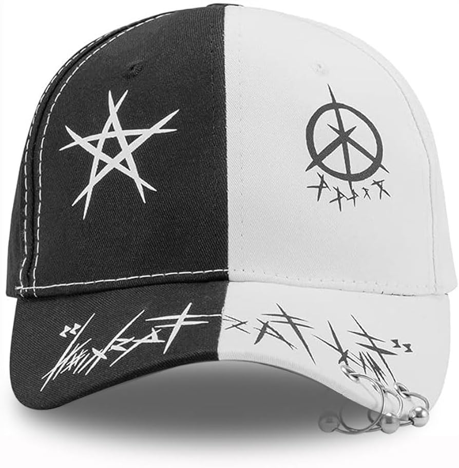 Unisex Black & White Baseball Cap-Hip Hop, Gothic, Punk Rock Streetwear Snapback Ha...