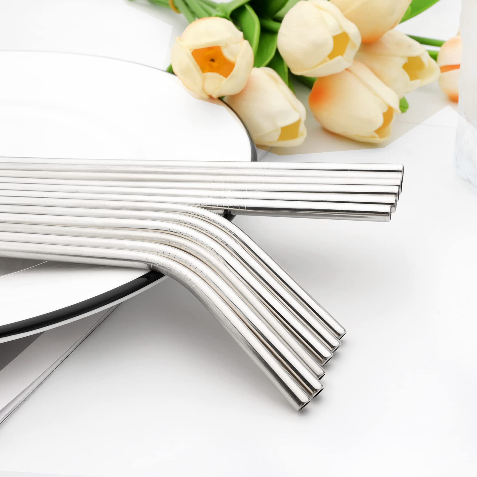 Snplowum 14pcs Straw Set With Clean Brush, Silver 18/10 Stainless Steel Drinking Tool For Restaurant Party Daily Use, Resuable Drinkware Include 6 Straight, 6 Bent, 2 Brush