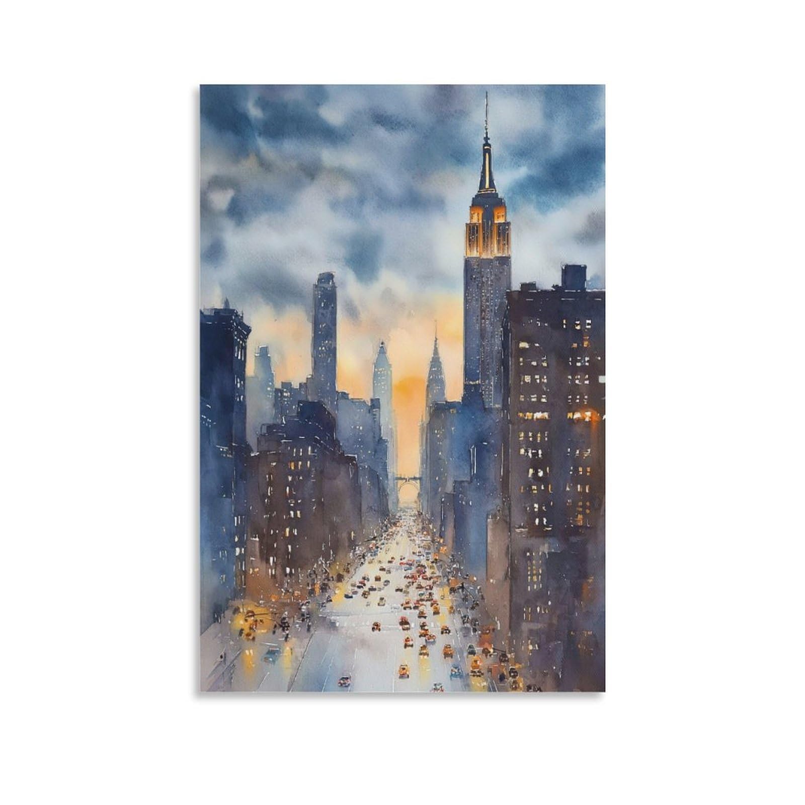 NYC Skyline 24x36inch(60x90cm) Vintage Travel Poster Watercolor Canvas Art