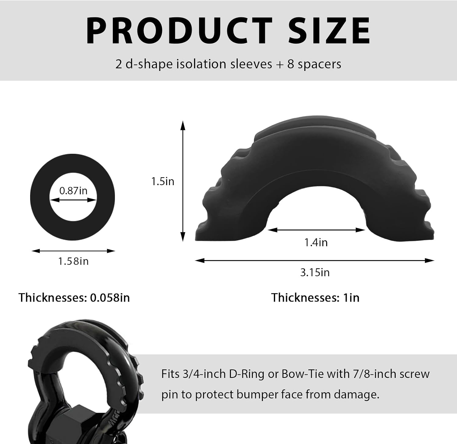 2PCS D Ring Shackle Isolators Washers Kit, D-Ring Isolators with Washers Fit Standard 3/4" Shackles, Rubber Shackle Isolator Protects Bumper Reduces Rattling (Black)