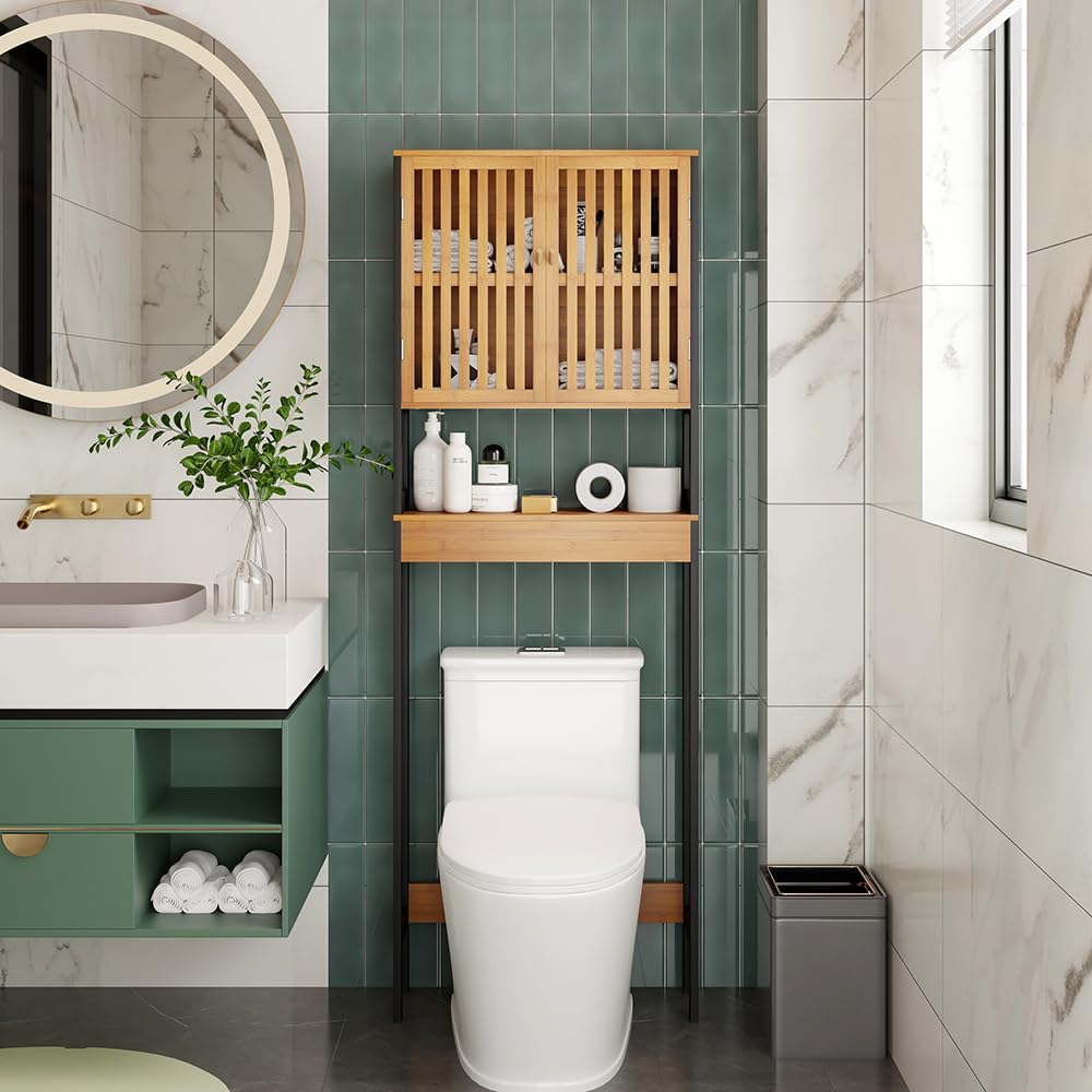 Meuble de WC/Étagère de Toilettes Salle de Bain Noir et Bois Naturel – Structure MDF + Bambou Véritable – Finition Bois Naturel – Idéal pour Toilettes, Gain de Place & Déco Zen