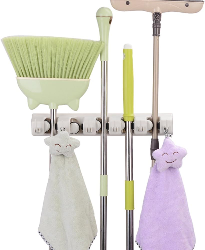 Mop and Broom Holder, 5 Position with 6 Hooks Holds Up to 11 Tools, Multipurpose Wall Mounted Garage Garden Kitchen Tool Organizer Hanger for Rake by JISIMI