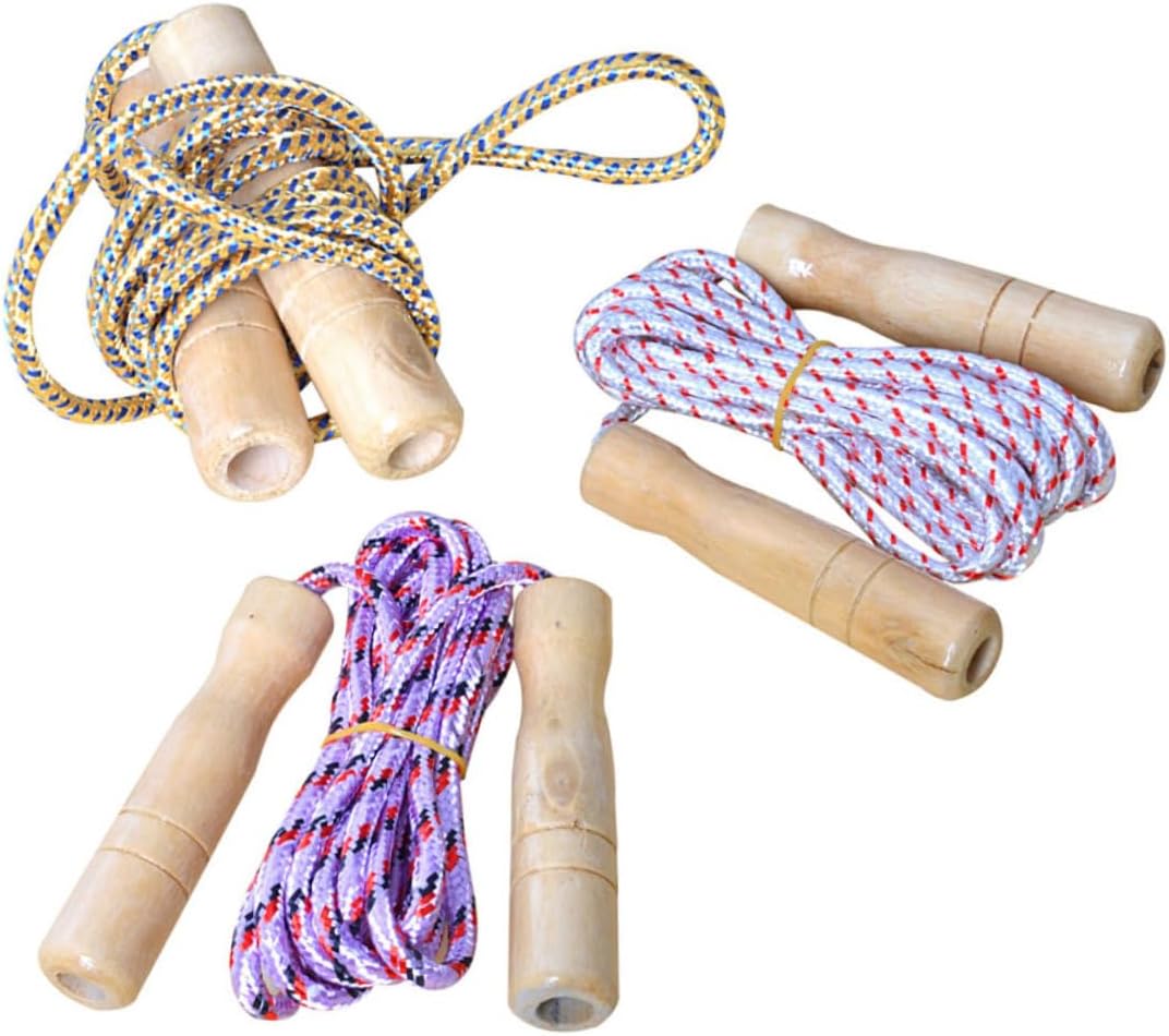 3 PCS Adjustable Jumping Ropes with Wooden Handles Lightweight Exercise Skipping Ropes for Boys and Beginner Fitness Outdoor Training Random Color