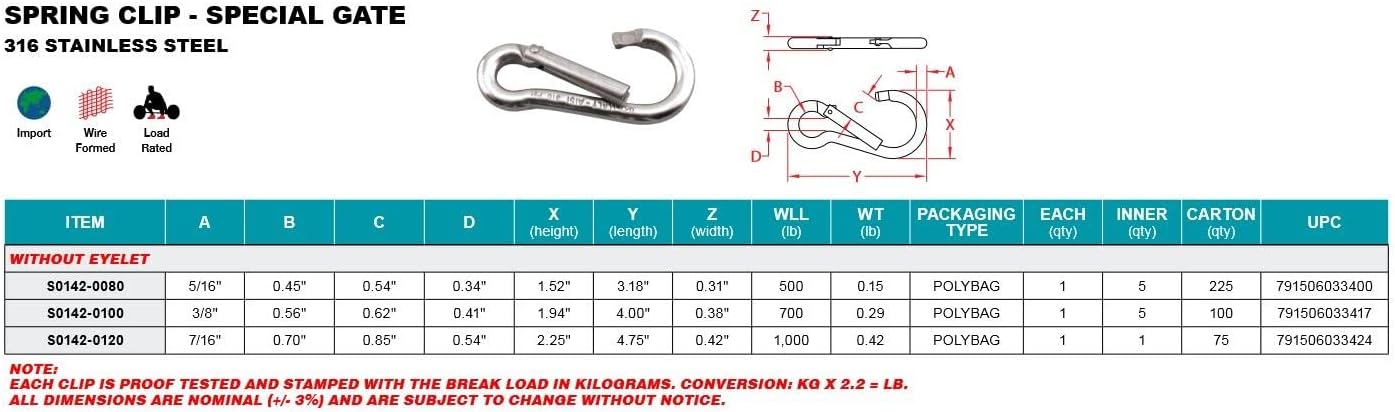 316 Stainless Steel Special GATE Spring Clip Carabiner 5/16" (S0142-0080)