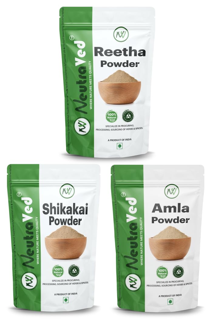 NeutraVed Amla, Reetha, Shikakai Powder For Hair Care For All Hair Type 300g | 100% Natural Organic Aritha/ Ritha, Amla, sikakai Hair Mask/Pack Hair Cleanser Powder | Adds Shine, Chemical-Free - 100g each-image-46