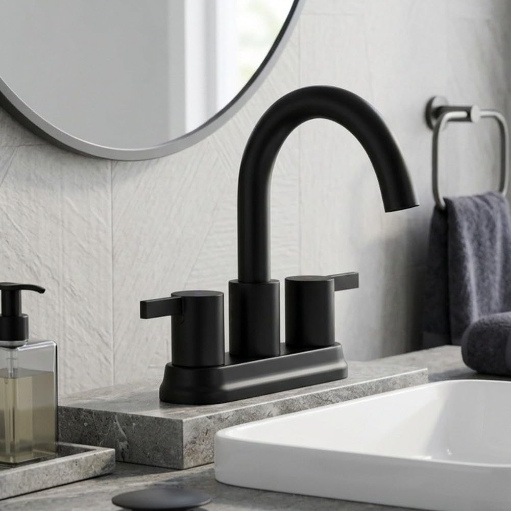 Rubinetto Miscelatore per lavabo a Due Maniglie in Acciaio Inox, Nero, a 3 Fori, con piletta a Sollevamento, Design Moderno, 33x26 cm.