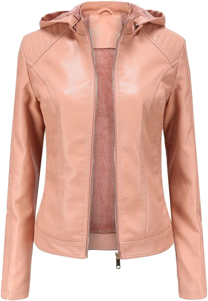 Meufam Women's Faux Leather Jackets Casual Coat Solid Color Outwear Zip Up Slim Windproof Warm Hooded Fashion Coat Winter