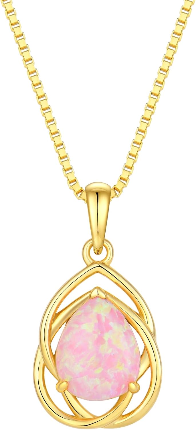 White/Pink/Blue Opal Necklace for Women 925 Sterling Silver Teardrop Birthstone Pendant Necklace with Celtic Knot Design White/Yellow Gold Plated Jewelry Gift for Her