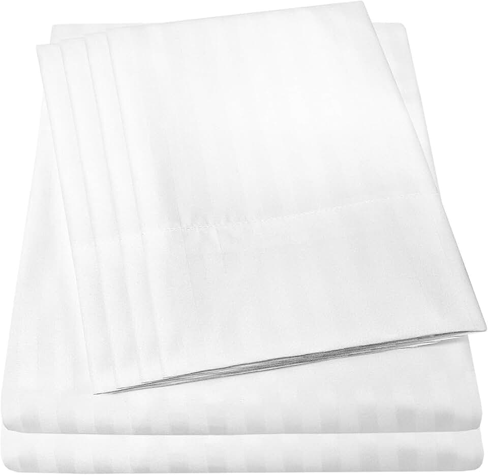 Lençóis Dobby Stripe Queen – 6 peças 1500 Coleção Supreme de microfibra escovada fina com bolso profundo Queen – 2 fronhas extras, ótimo custo-benefício, Queen, Dobby White