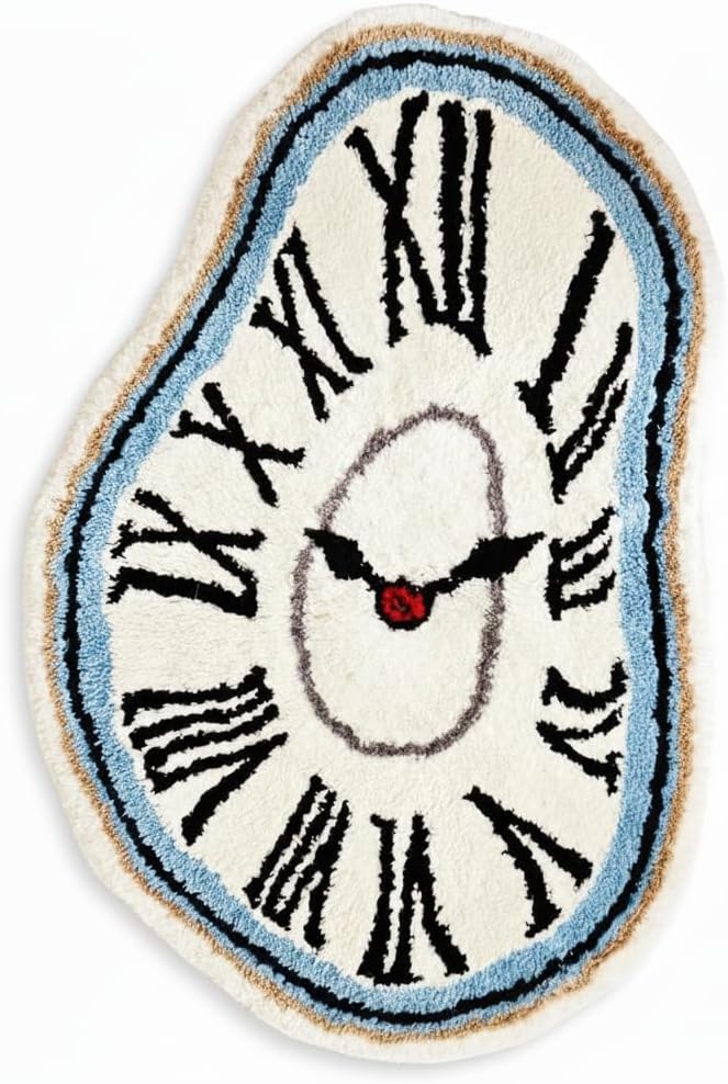 Melting Clock Rug Tufted Dali Surreal Carpet – Funky Non-Slip Roman Numeral Rug for Bedroom, Dorm, Bathroom, Aesthetic Room Decor, 36"x23" (92x58cm)