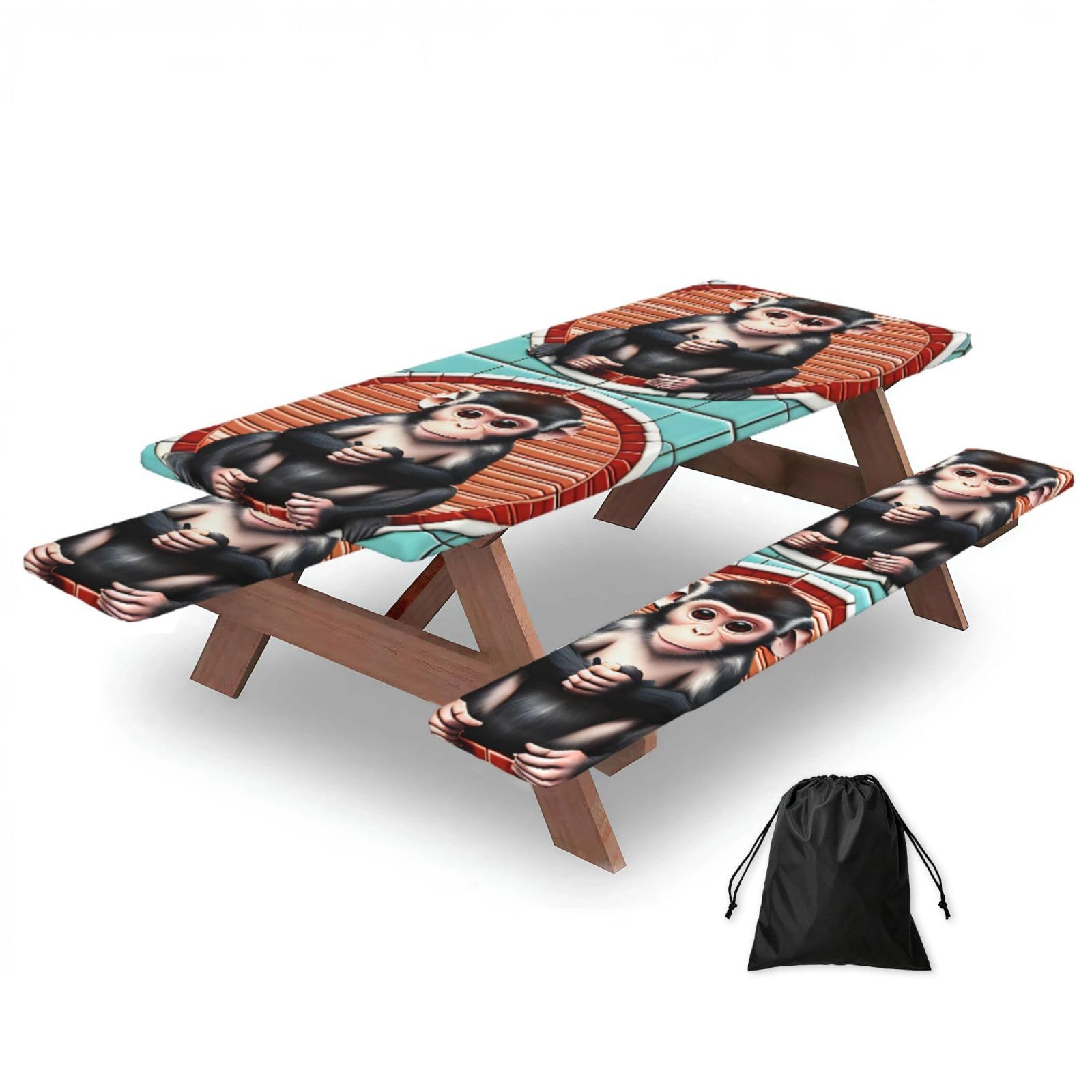 Erwqavc Black The Silent Monkey Print Picnic Table Cover & Bench Covers 3-Pack Set, Elastic Tablecloths For 6 Ft Rectangle Tables