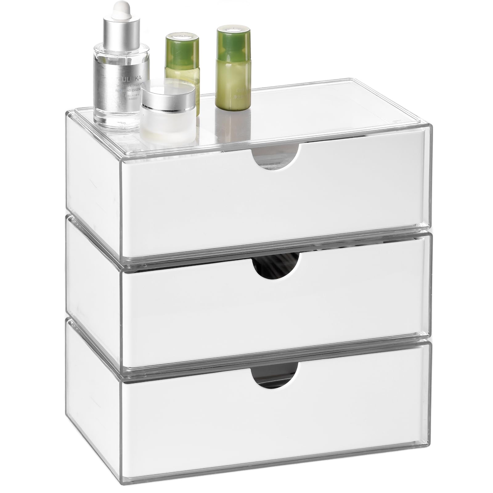 Qtip Organizer, 3-Layer Makeup Drawer Case, Countertop Privacy Storage for Cosmetics, Bathroom Vanity Holder for Brushes, Eyeshadow, Lipstick, Jewelry - White