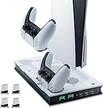 Mcbazel Vertical PS5 Cooling Charger Stand, Multifunctional LED Cooling Stand with Dual Controller Charging Station for PS5/Slim/Pro - White/Black