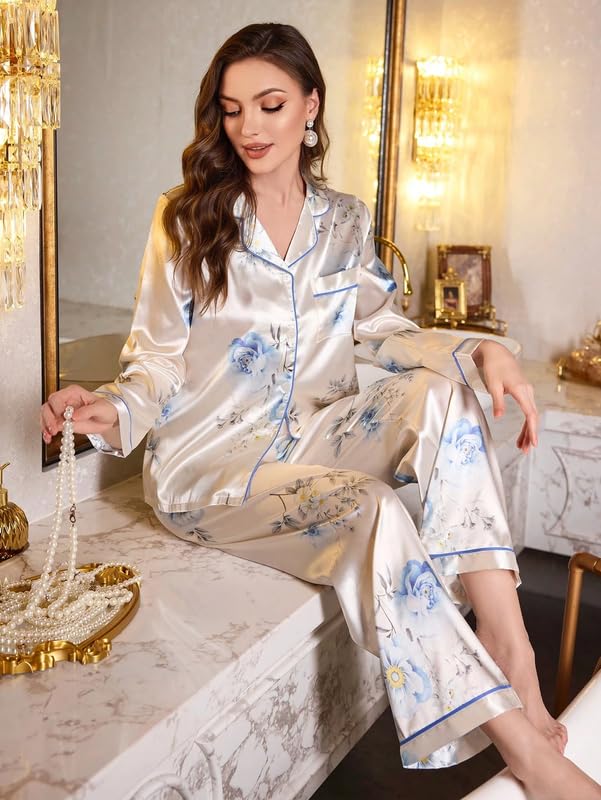 Image of Night Suit for Women with Full Sleeve Button-Down Top with Pant Dress for Woman, Night Dress for Woman, Cotton Two-Piece Loungewear Set