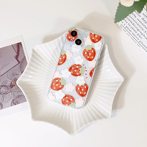 Miniatura 9 de Funda compatible con iPhone 15 Plus, bonito diseño de flores de aceite transparente y fresa, para niñas y mujeres, TPU suave a prueba de golpes,