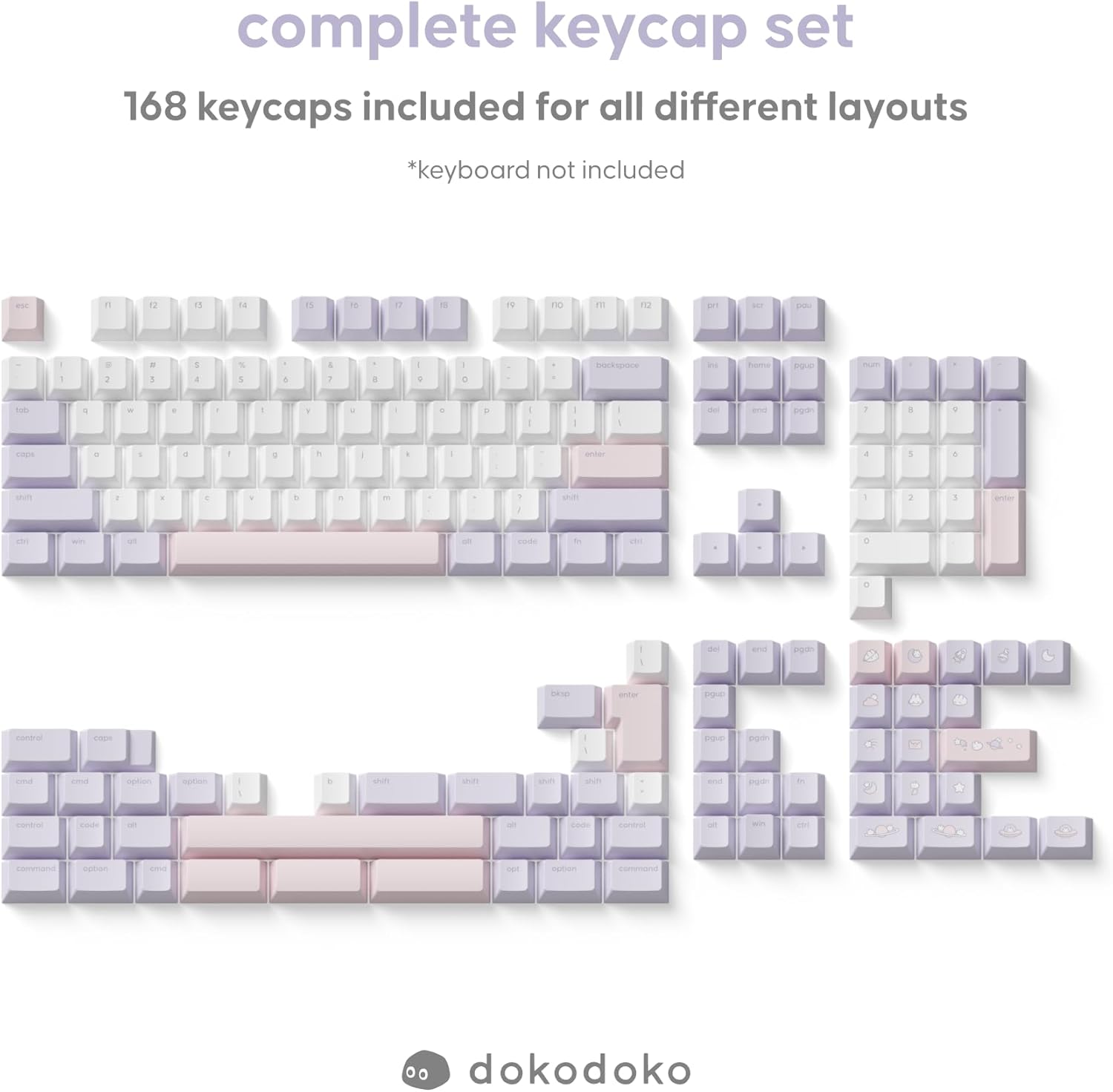 dokodoko Dream Bunny Keycaps - PBT Cherry Profile, Dye-Sub, 168 Keys, Cute Minimalist Pastel Set for Mechanical Keyboards